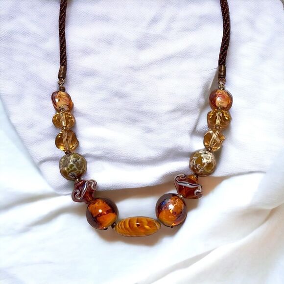 Beautiful Amber And Champagne Color Art Glass Beaded Necklace - Picture 1 of 3